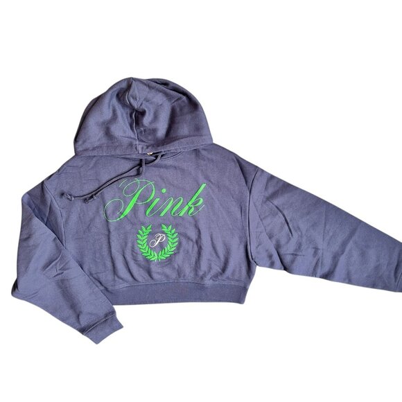 Victoria Secret PINK Crop Hoodie Blue Green Logo Hooded Long Sleeve M/L - Picture 3 of 8